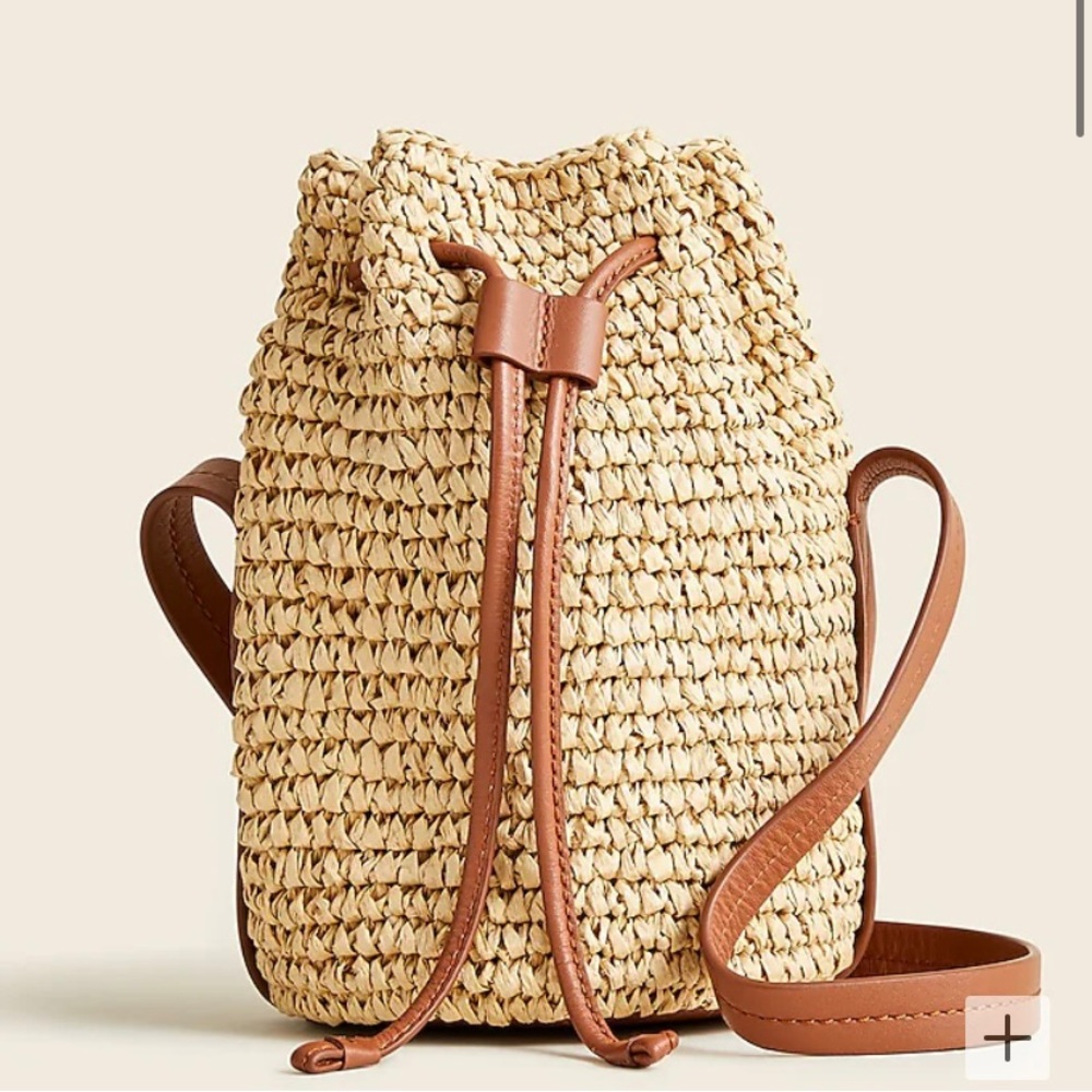 Woven Straw Drawstring Bucket Bag with Leather Trim